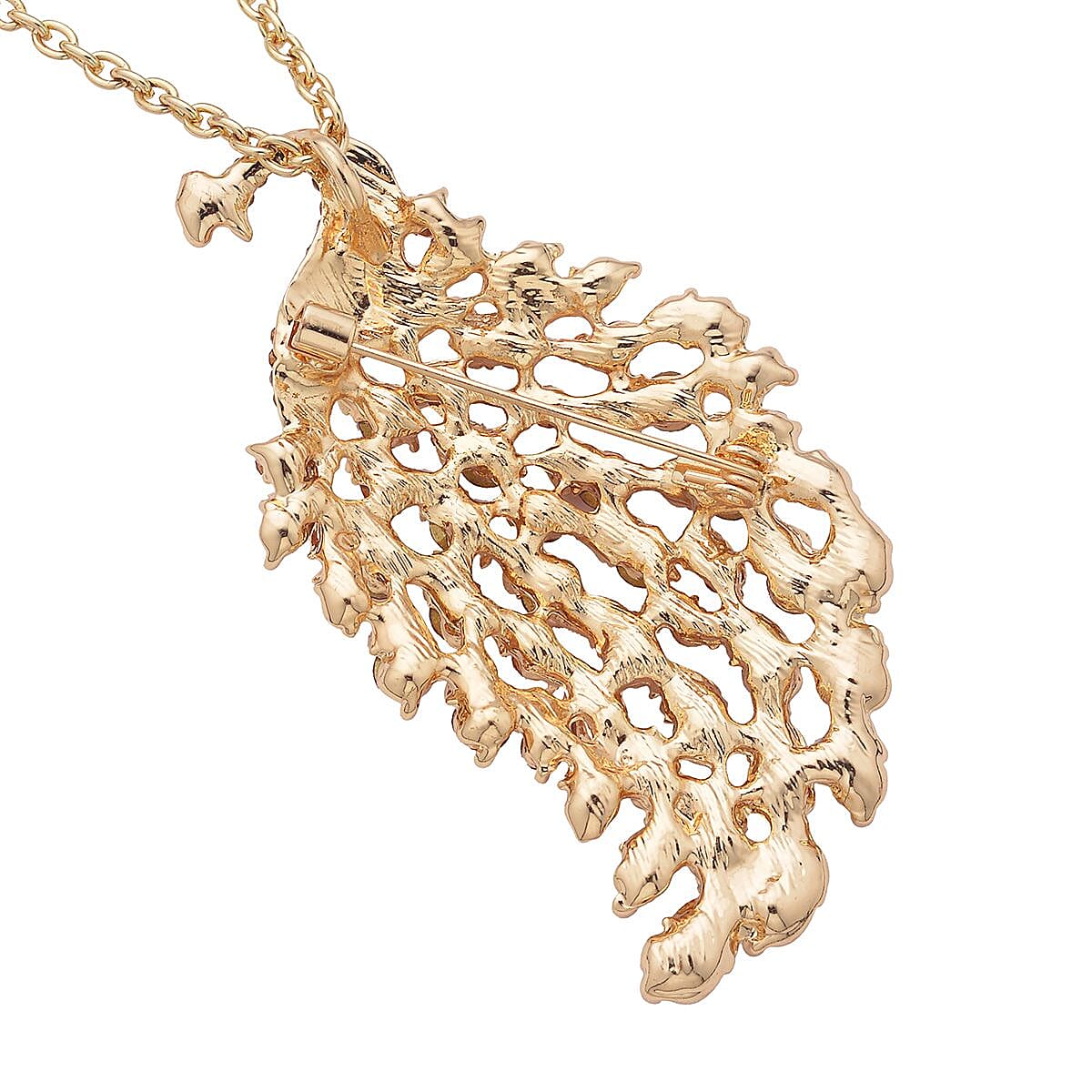 Multi Color Austrian Crystal and Enameled Peacock Brooch or Pendant Necklace 28-30 Inches in Goldtone image number 3