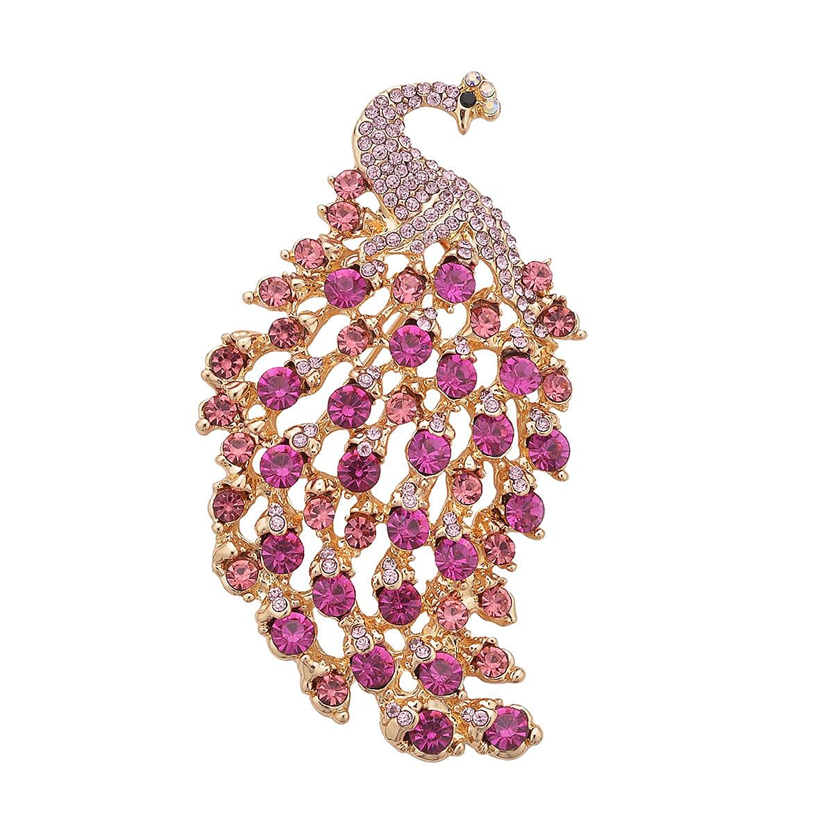 Multi Color Austrian Crystal and Enameled Peacock Brooch or Pendant Necklace 28-30 Inches in Goldtone image number 4