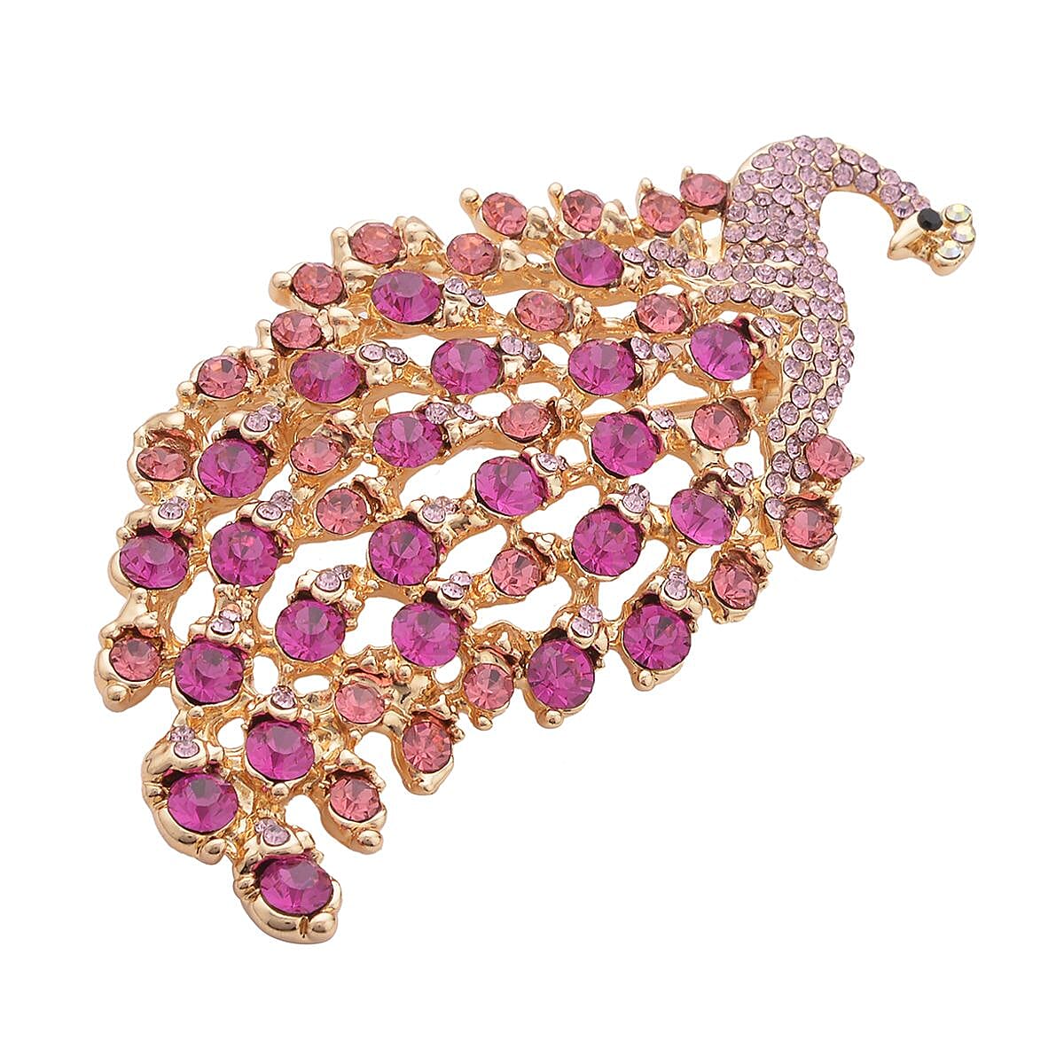 Multi Color Austrian Crystal and Enameled Peacock Brooch or Pendant Necklace 28-30 Inches in Goldtone image number 5