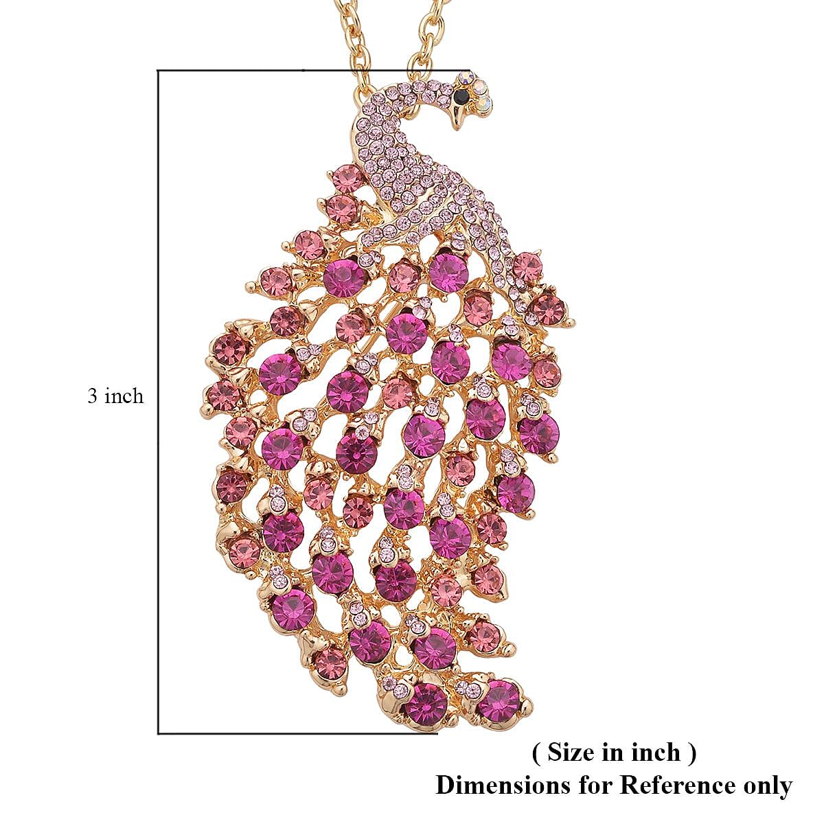 Multi Color Austrian Crystal and Enameled Peacock Brooch or Pendant Necklace 28-30 Inches in Goldtone image number 6