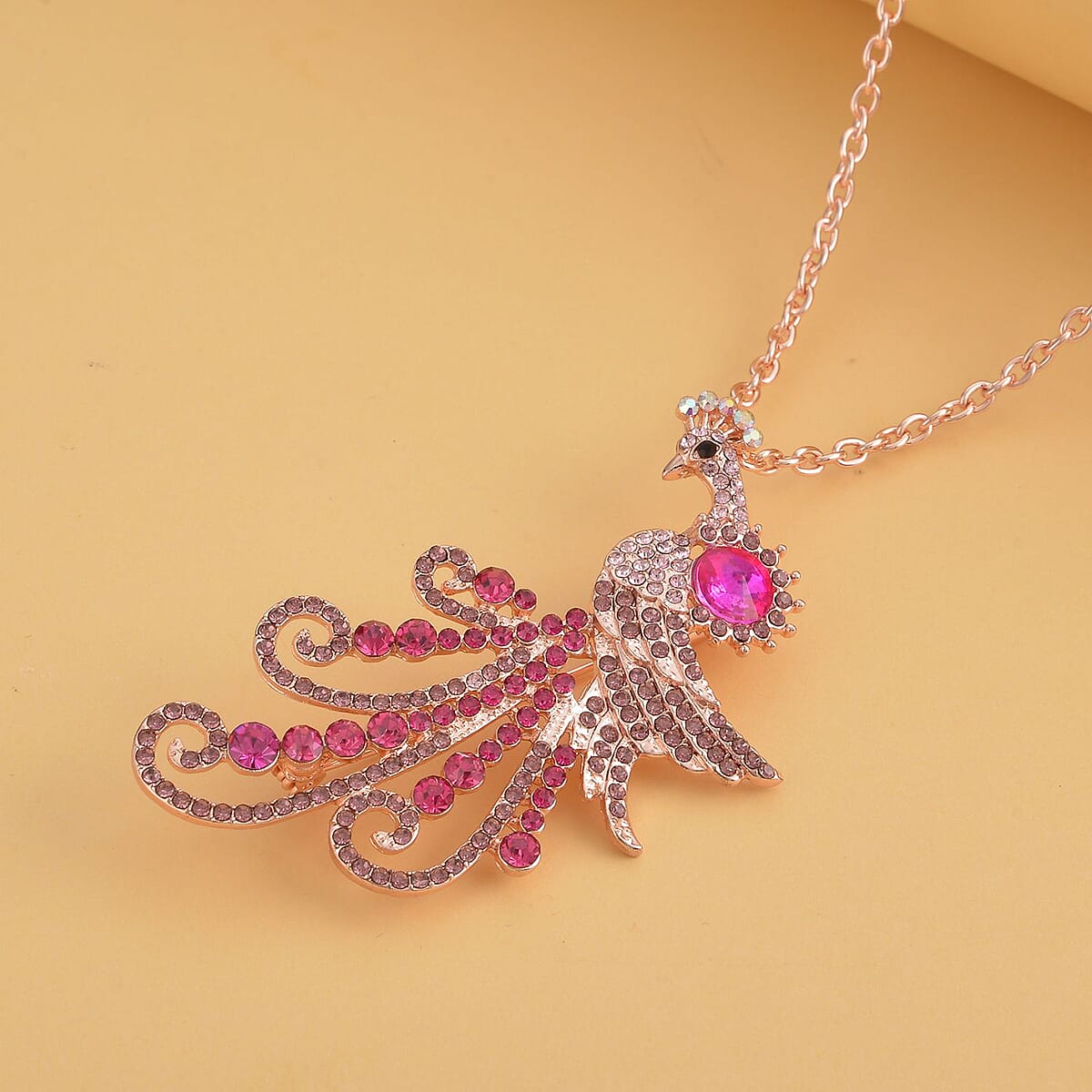 Multi Color Austrian Crystal, Fuchsia Glass and Enameled Peacock Brooch or Pendant Necklace 28-30 Inches in Goldtone image number 1