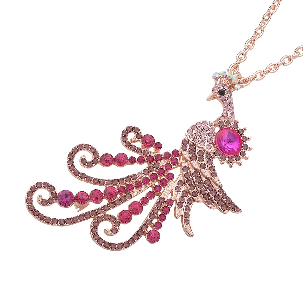 Multi Color Austrian Crystal, Fuchsia Glass and Enameled Peacock Brooch or Pendant Necklace 28-30 Inches in Goldtone image number 2