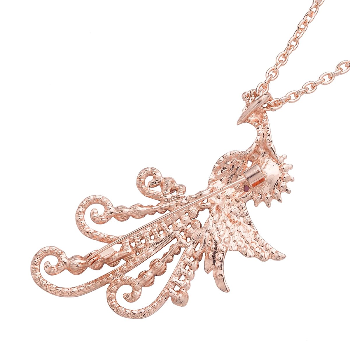 Multi Color Austrian Crystal, Fuchsia Glass and Enameled Peacock Brooch or Pendant Necklace 28-30 Inches in Goldtone image number 3