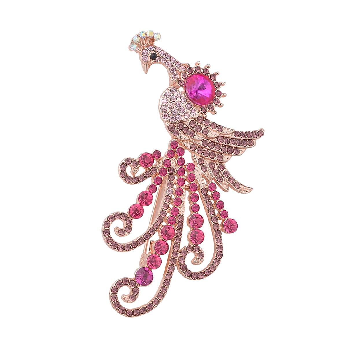 Multi Color Austrian Crystal, Fuchsia Glass and Enameled Peacock Brooch or Pendant Necklace 28-30 Inches in Goldtone image number 4