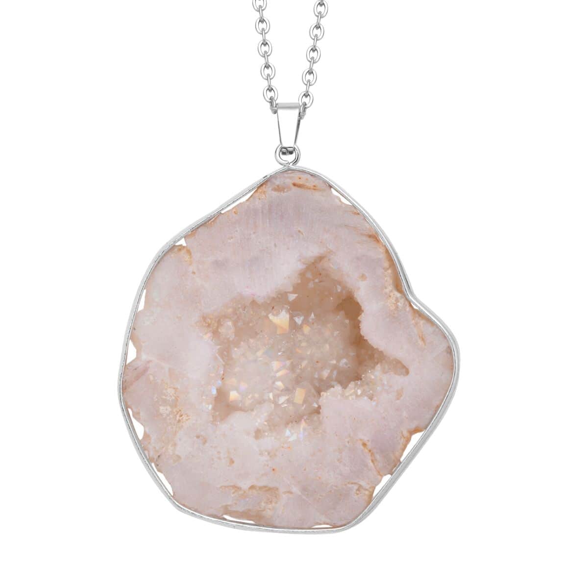 White Drusy Quartz Pendant Necklace 24 Inches in Silvertone and Stainless Steel image number 0