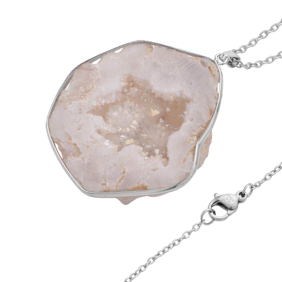 White Drusy Quartz Pendant Necklace 24 Inches in Silvertone and Stainless Steel image number 3