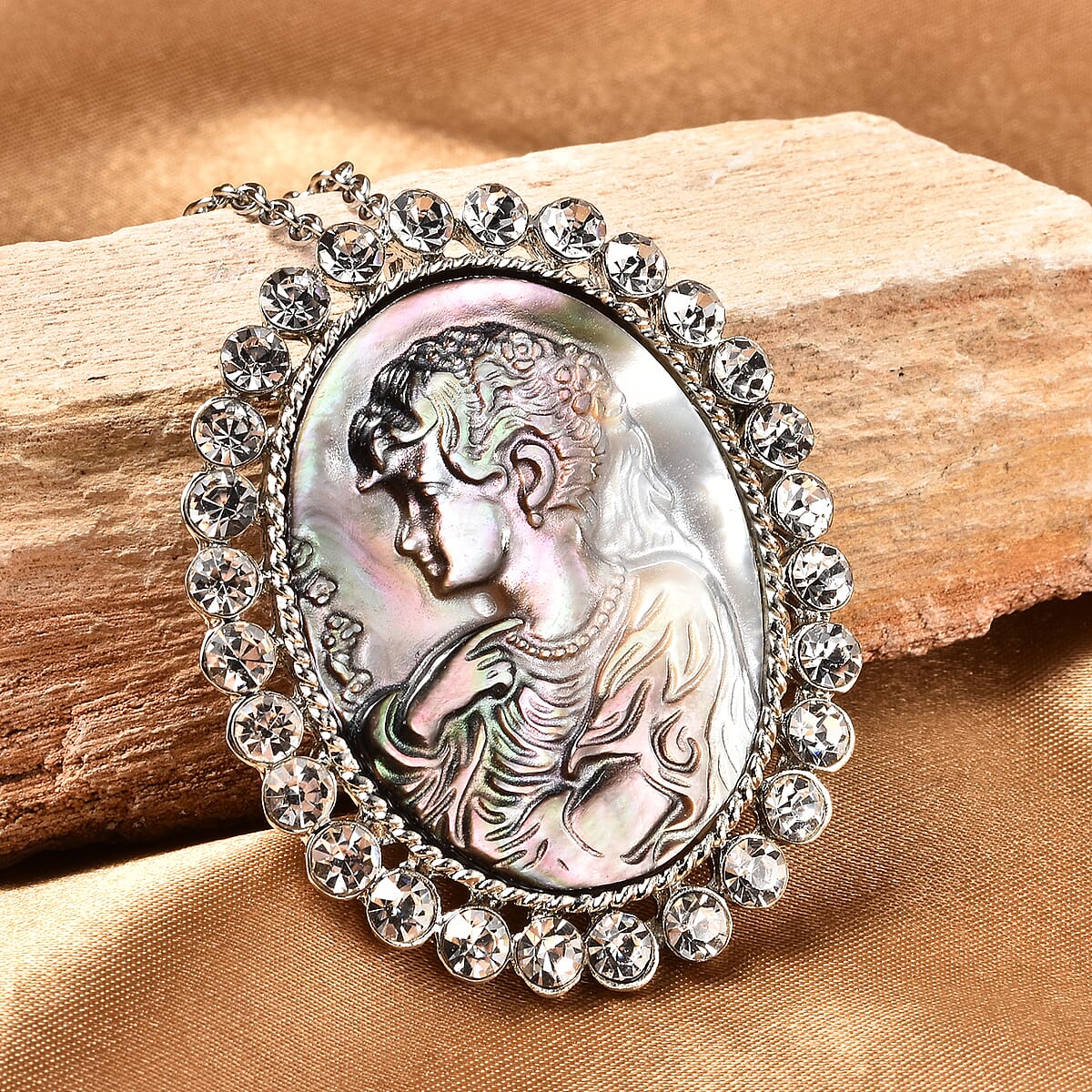 Cameo and White Austrian Crystal Pendant Necklace 24 Inches in Silvertone image number 1