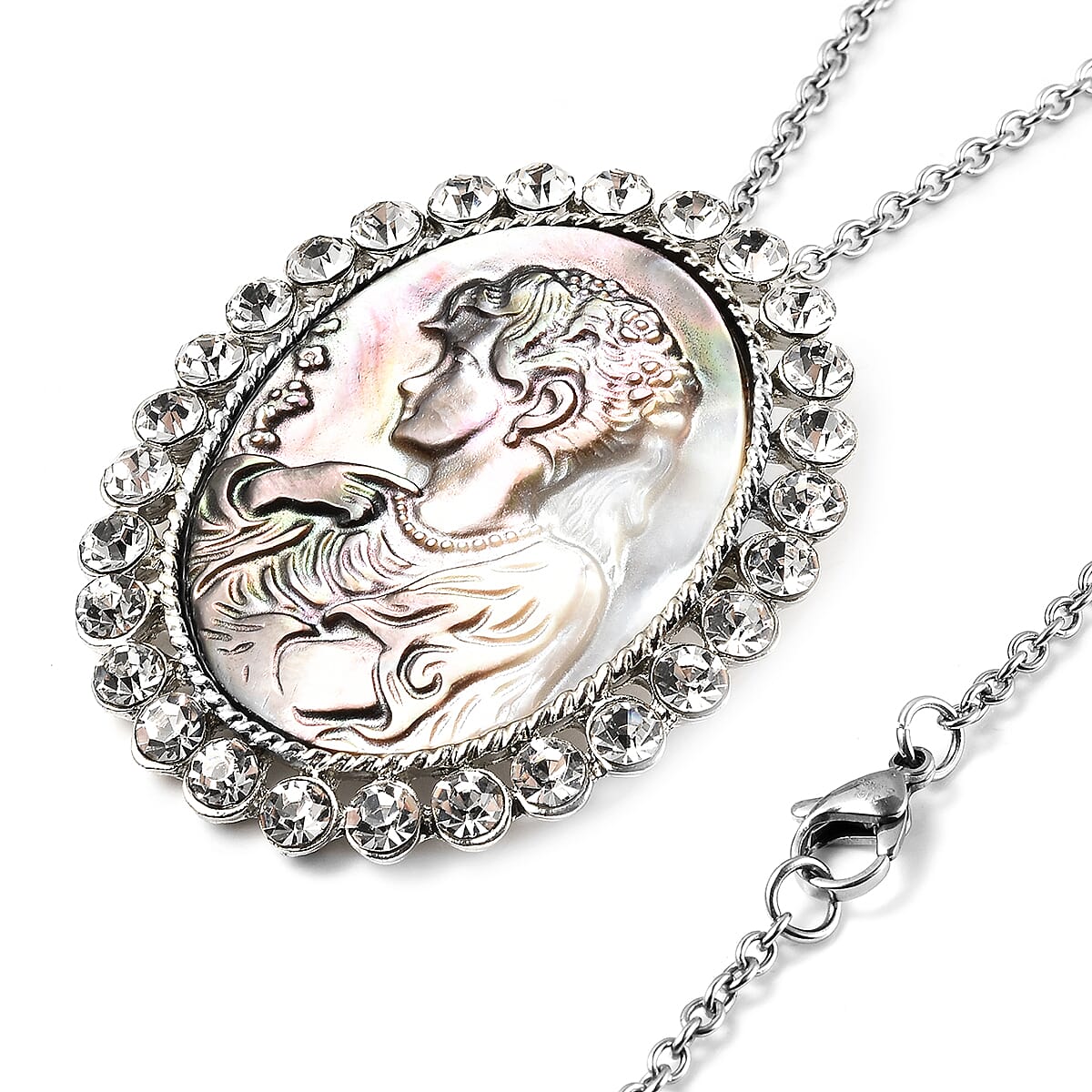 Cameo and White Austrian Crystal Pendant Necklace 24 Inches in Silvertone image number 3