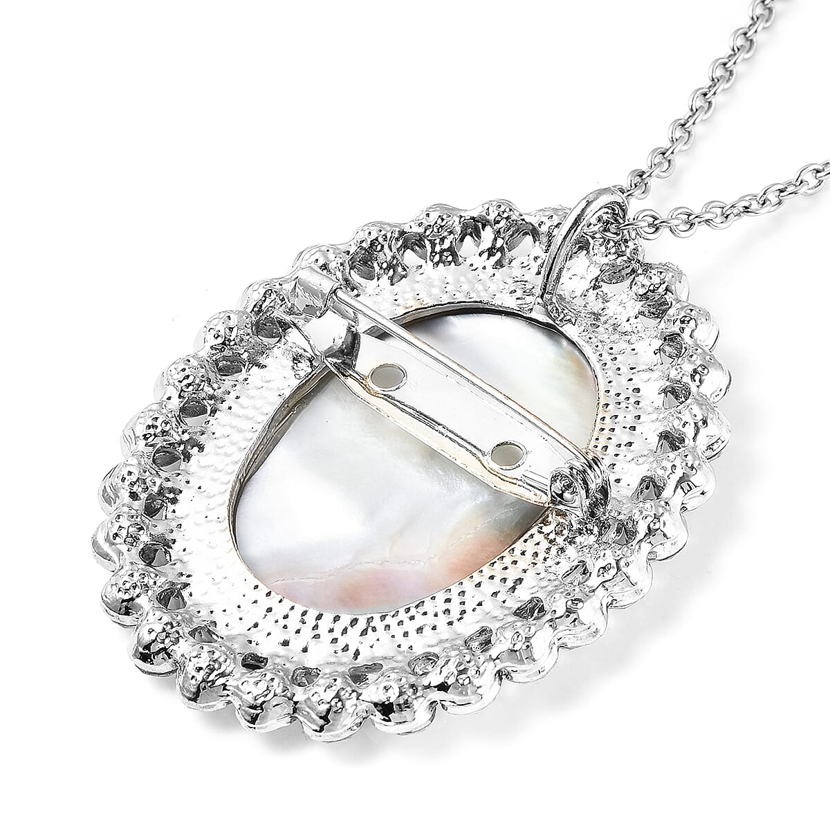 Cameo and White Austrian Crystal Pendant Necklace 24 Inches in Silvertone image number 4