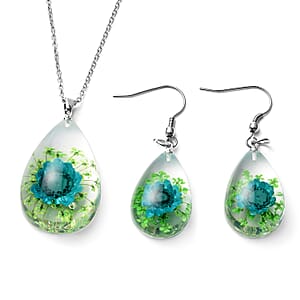Blue and Green Resin Floral Earrings and Pendant Necklace (24 Inches) in Stainless Steel