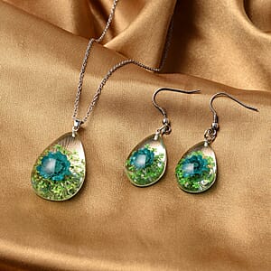 Blue and Green Resin Floral Earrings and Pendant Necklace (24 Inches) in Stainless Steel