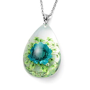 Blue and Green Resin Floral Earrings and Pendant Necklace (24 Inches) in Stainless Steel