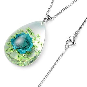 Blue and Green Resin Floral Earrings and Pendant Necklace (24 Inches) in Stainless Steel