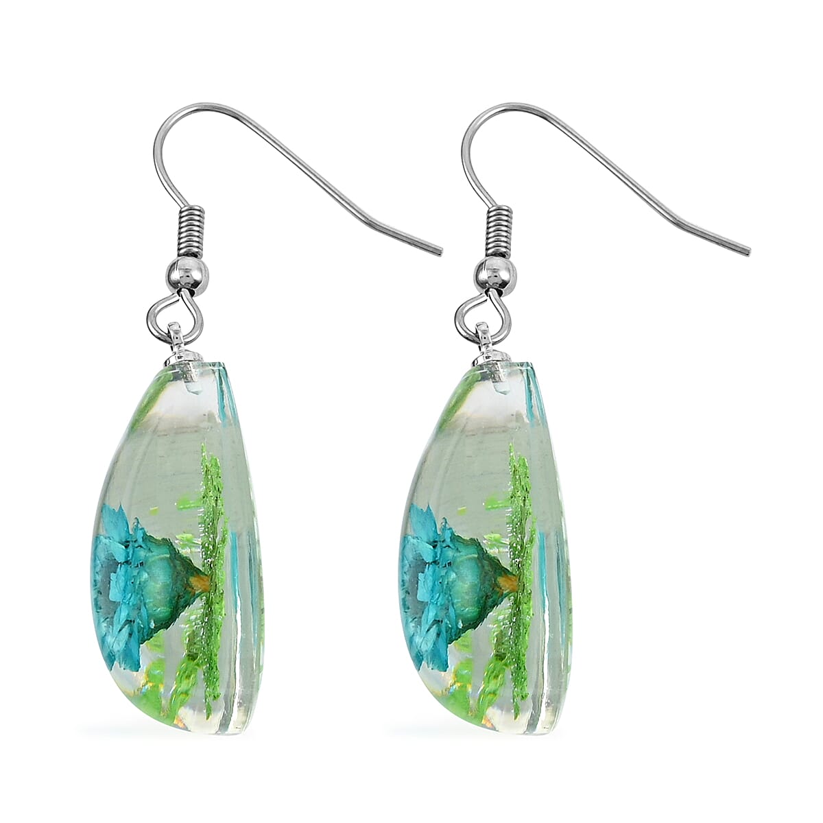 Blue and Green Resin Floral Earrings and Pendant Necklace (24 Inches) in Stainless Steel