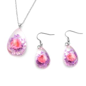 Pink and Purple Resin Floral Dangle Earrings and Pendant Necklace 24 Inches in Stainless Steel