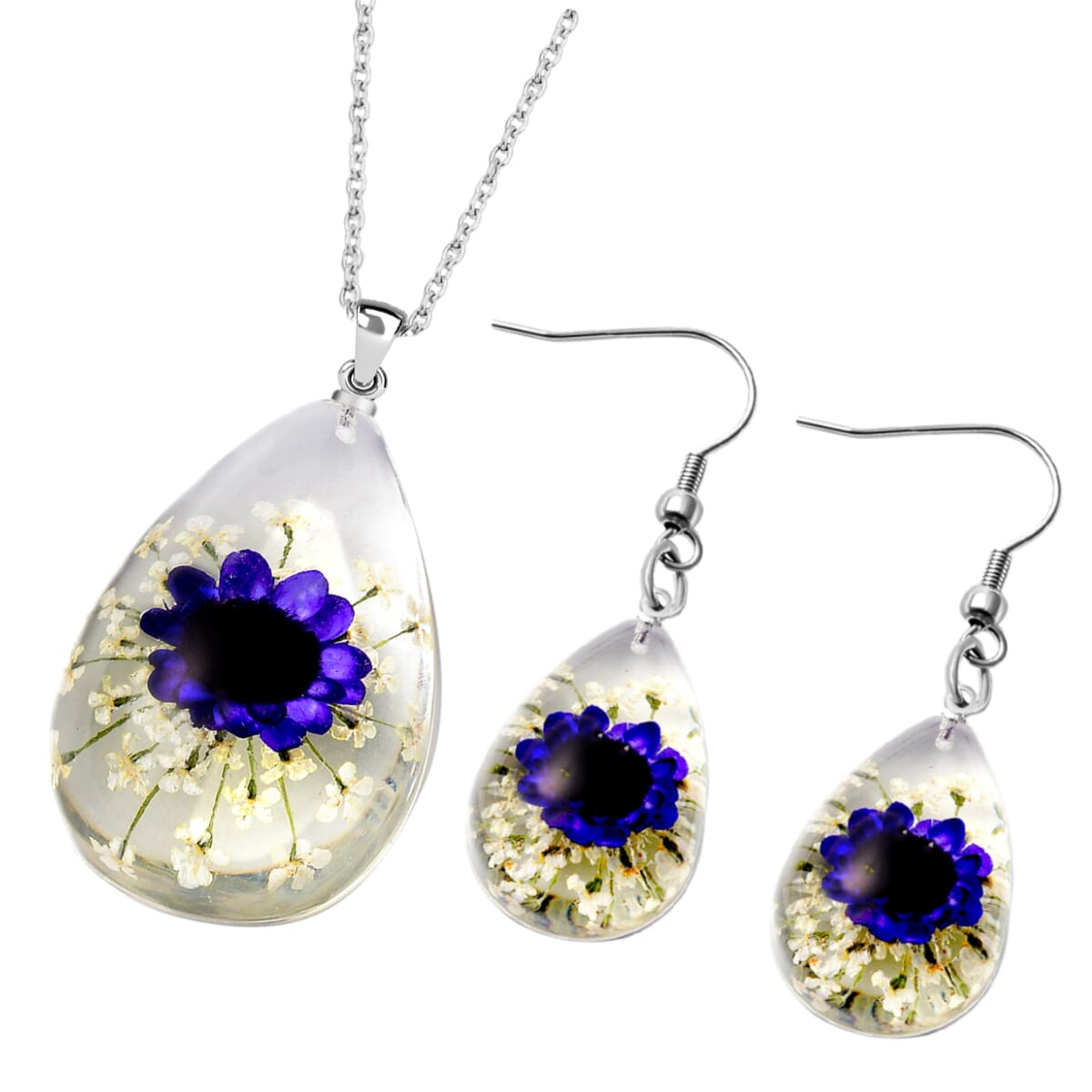 White and Purple Resin Floral Dangle Earrings and Pendant Necklace 24 Inches in Stainless Steel image number 0