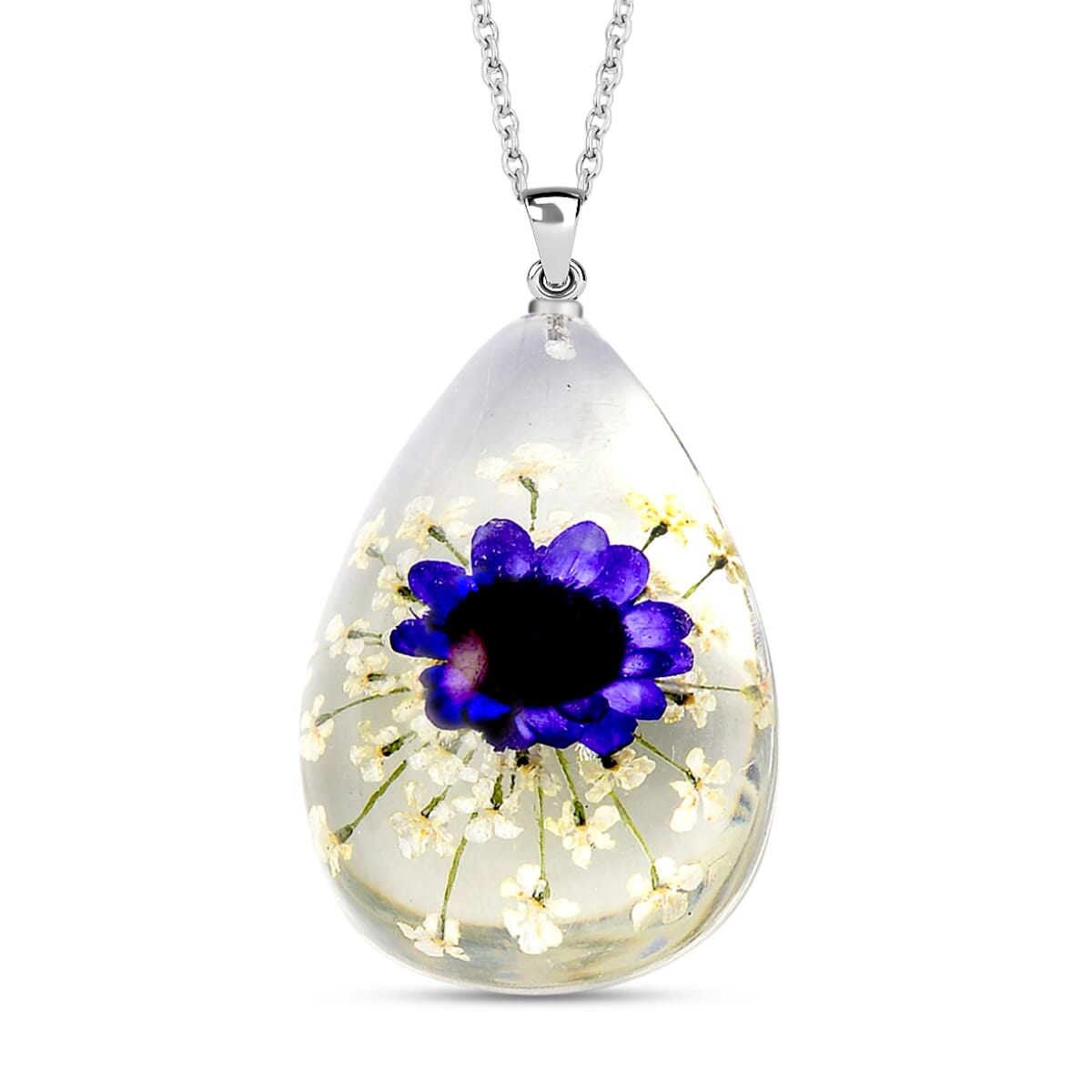 White and Purple Resin Floral Dangle Earrings and Pendant Necklace 24 Inches in Stainless Steel image number 2