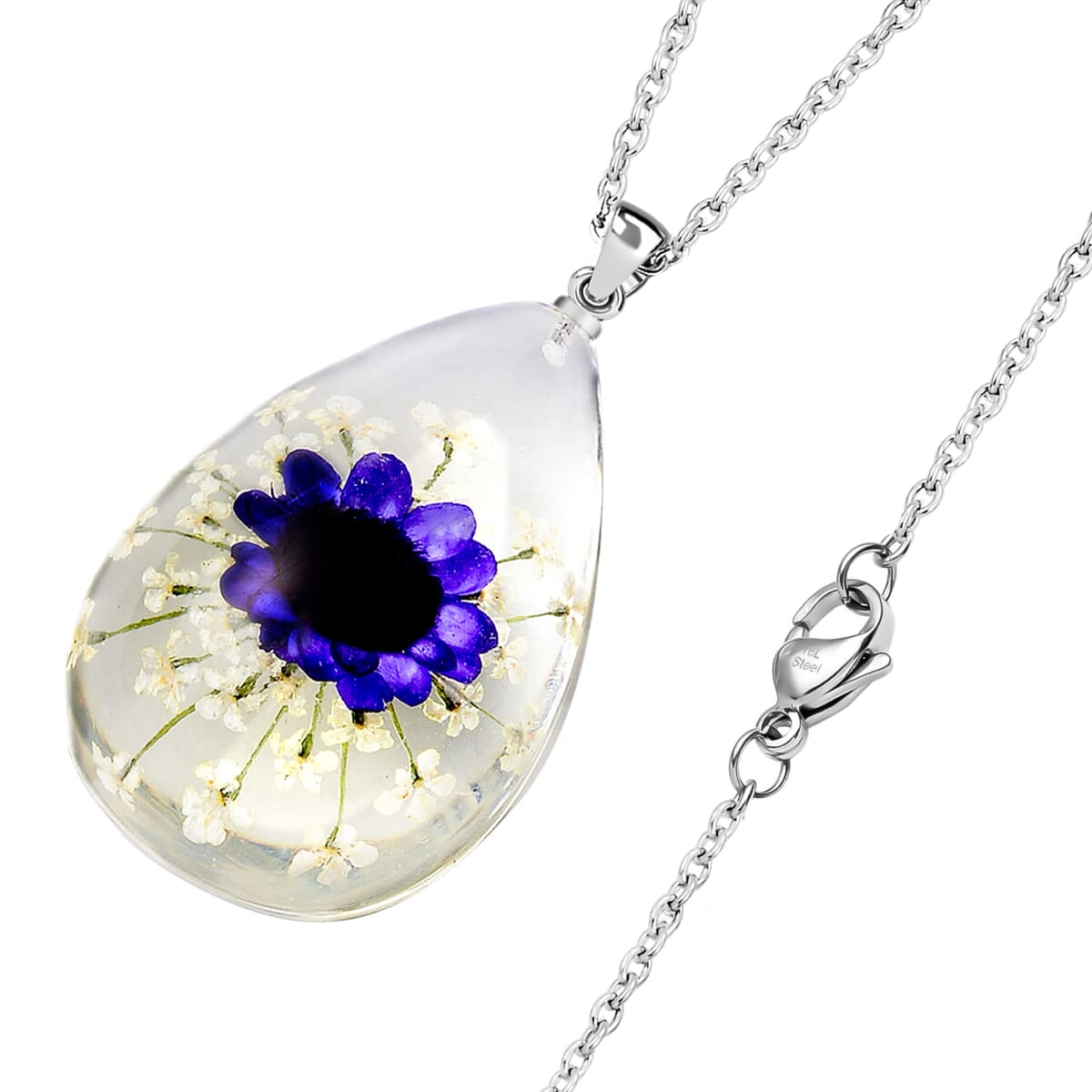 White and Purple Resin Floral Dangle Earrings and Pendant Necklace 24 Inches in Stainless Steel image number 3