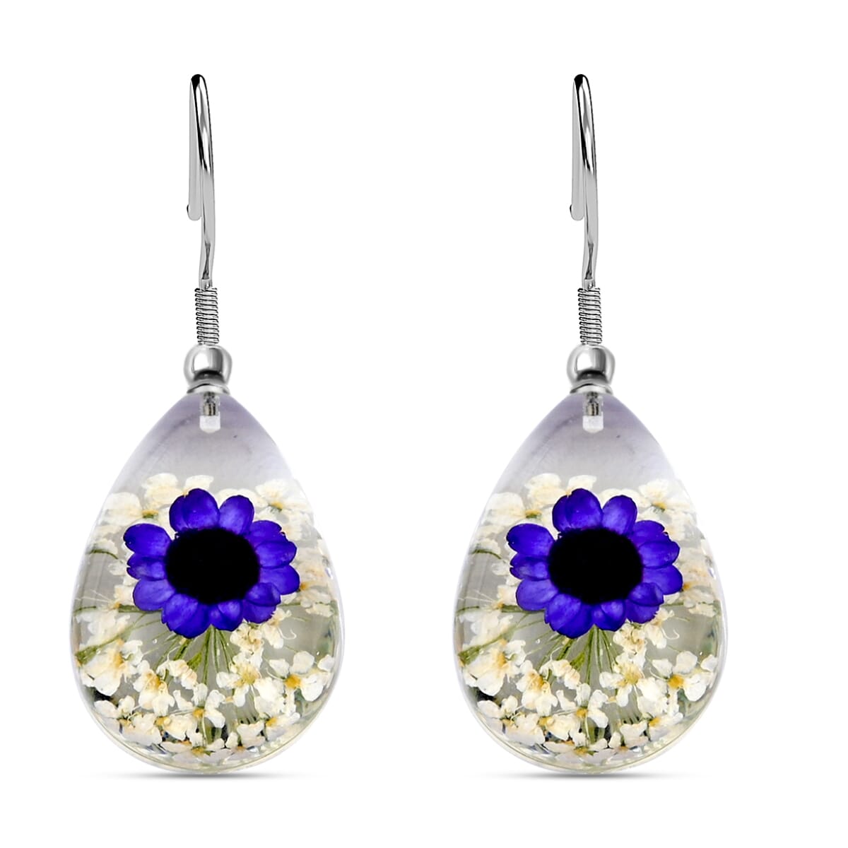 White and Purple Resin Floral Dangle Earrings and Pendant Necklace 24 Inches in Stainless Steel image number 4