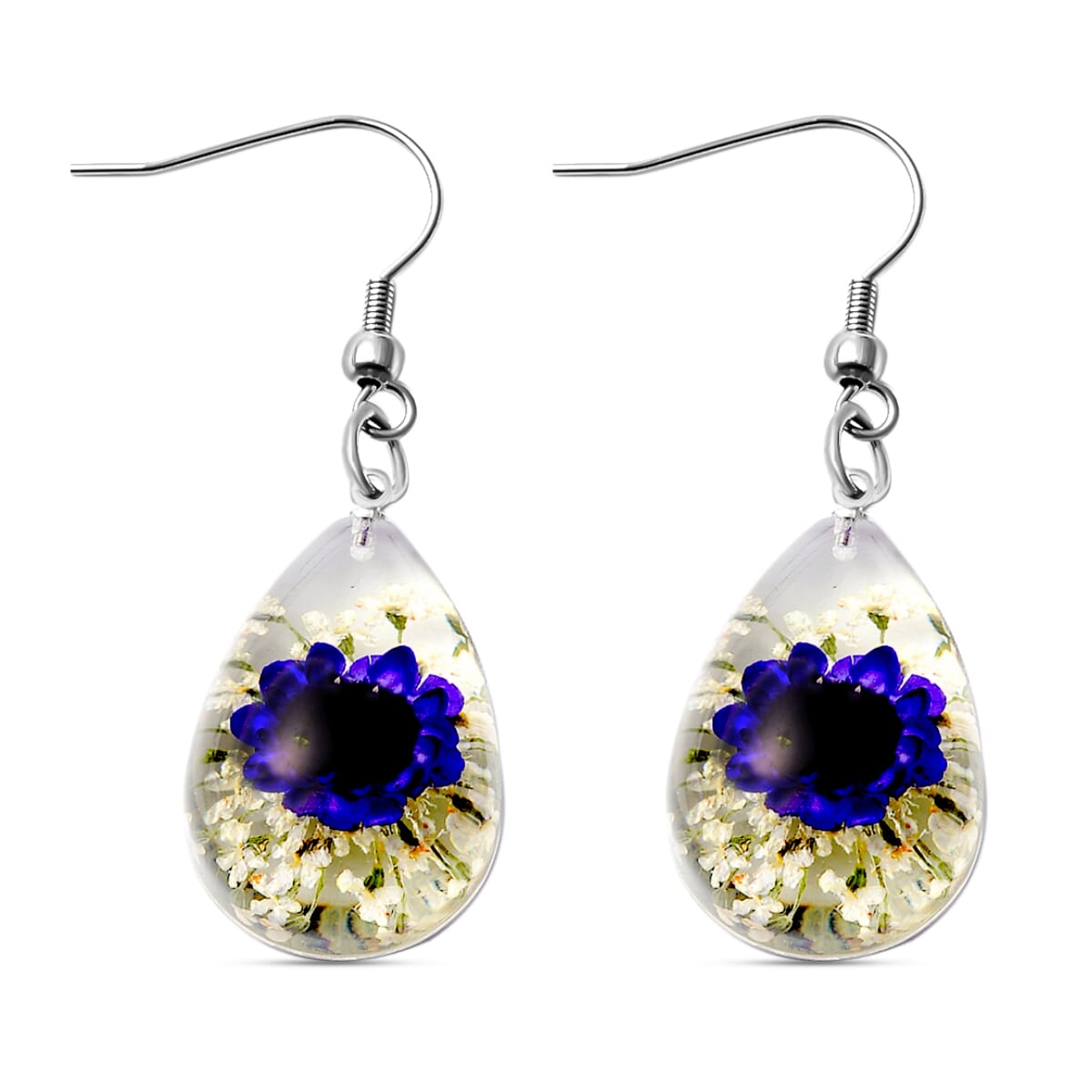 White and Purple Resin Floral Dangle Earrings and Pendant Necklace 24 Inches in Stainless Steel image number 5
