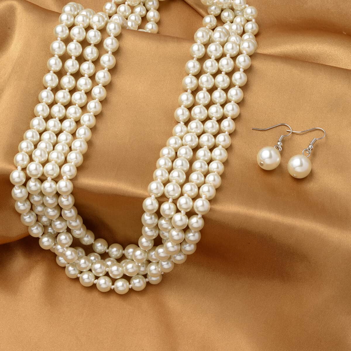 Simulated White Pearl Beaded Endless Necklace and Drop Earrings in Stainless Steel image number 1