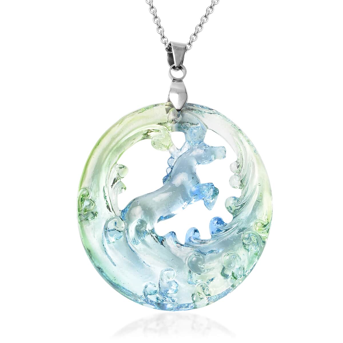 Ocean Wave Theme Handmade Blue Green Murano Style Pendant Necklace 24 Inches in Stainless Steel image number 0