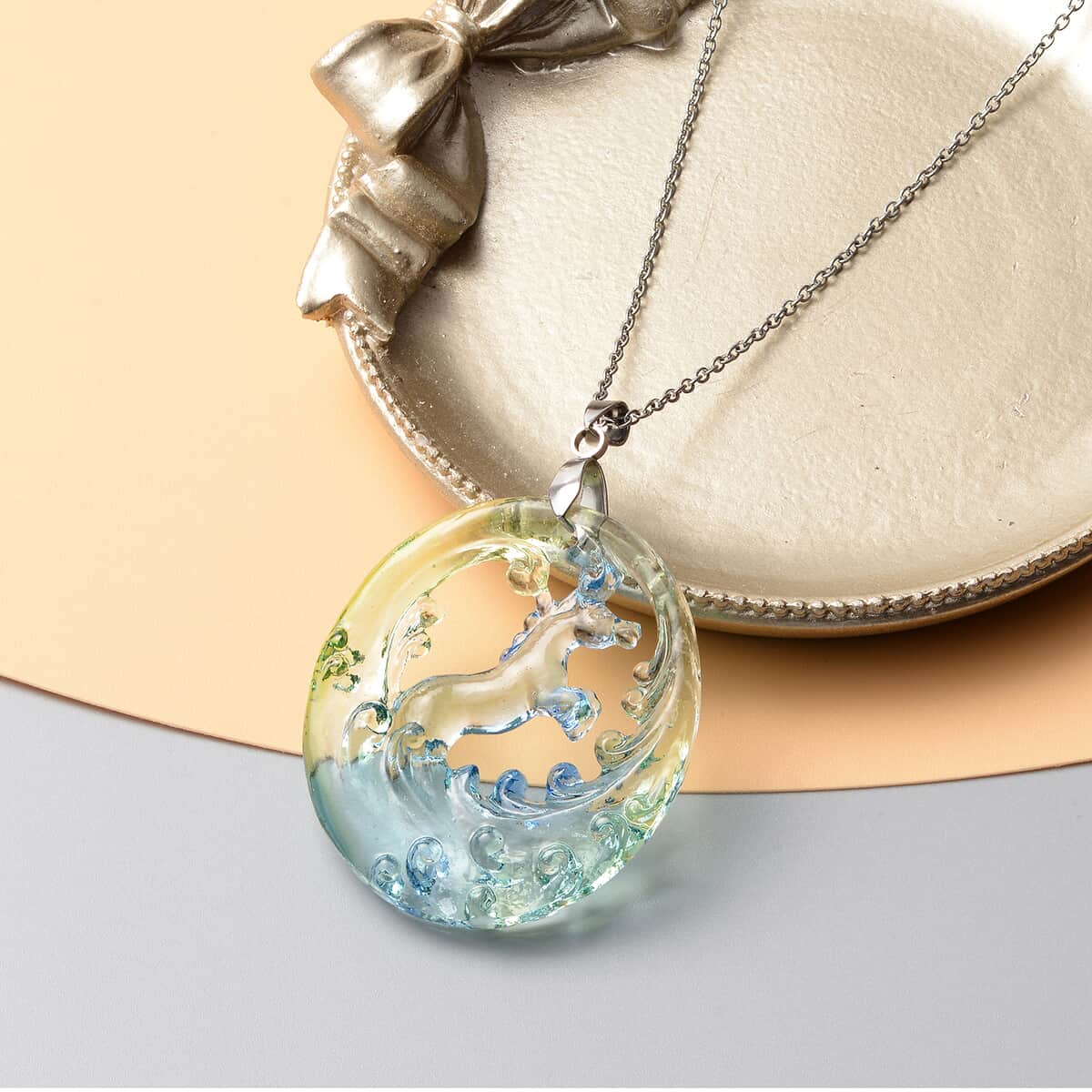 Ocean Wave Theme Handmade Blue Green Murano Style Pendant Necklace 24 Inches in Stainless Steel image number 1