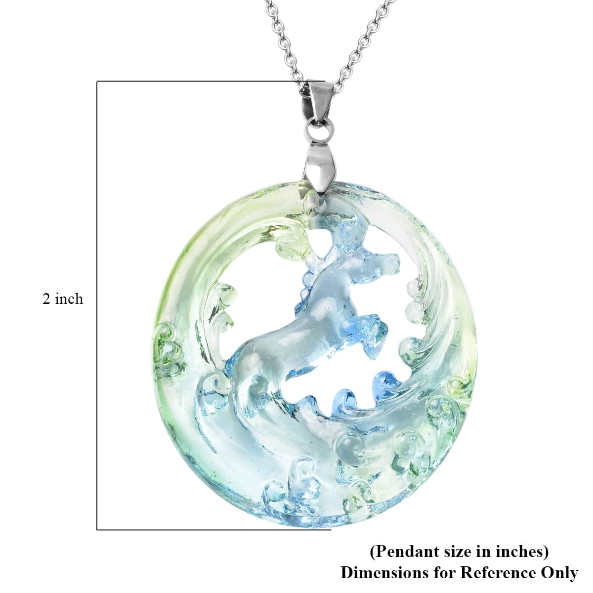 Ocean Wave Theme Handmade Blue Green Murano Style Pendant Necklace 24 Inches in Stainless Steel image number 3