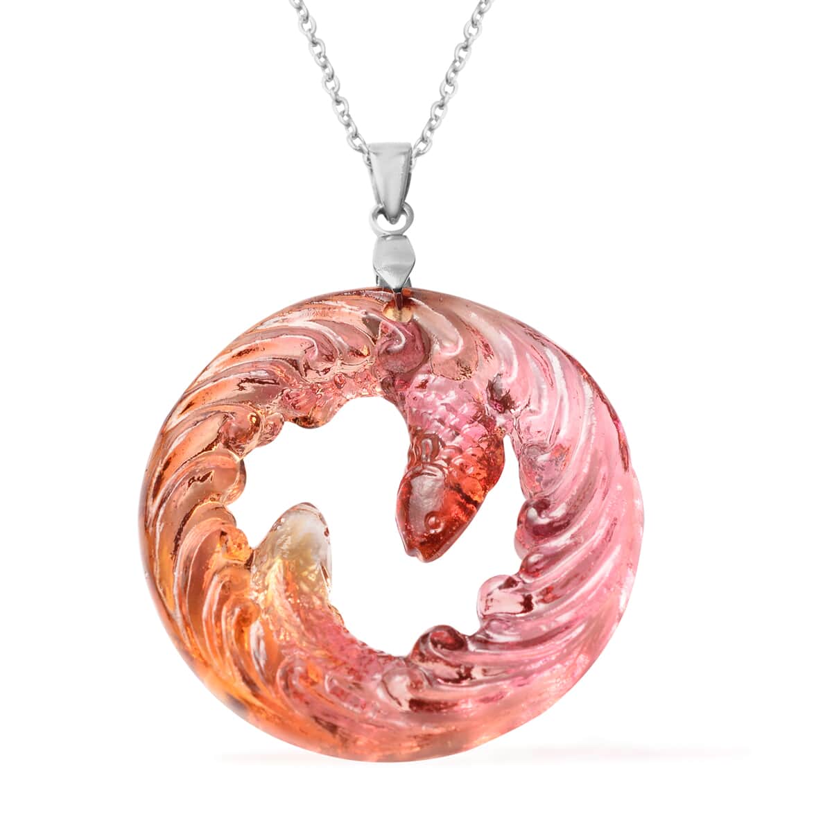 Koi Fish Pair Theme Handmade Fuchsia Color Murano Style Pendant Necklace 24 Inches in Stainless Steel image number 0