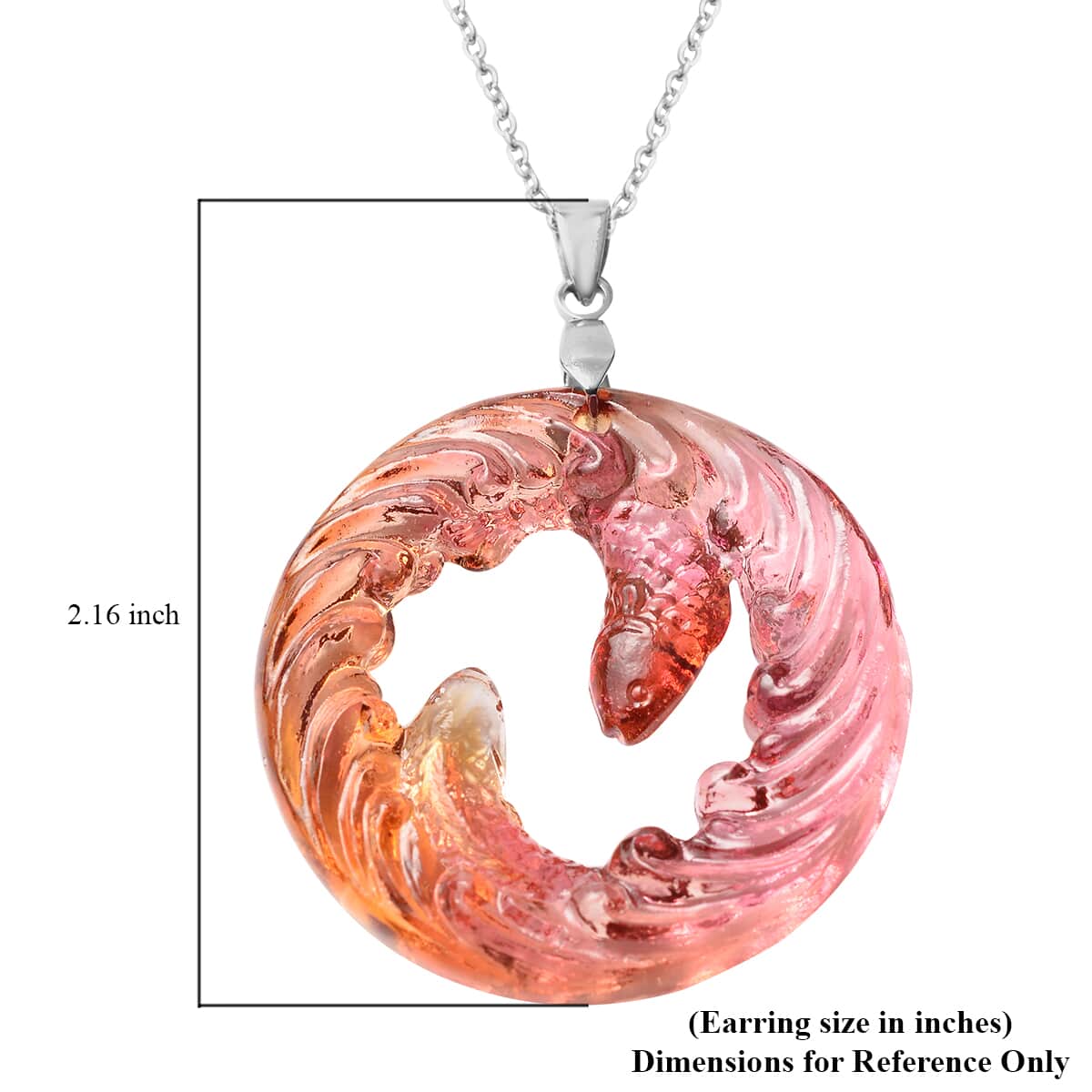 Koi Fish Pair Theme Handmade Fuchsia Color Murano Style Pendant Necklace 24 Inches in Stainless Steel image number 3