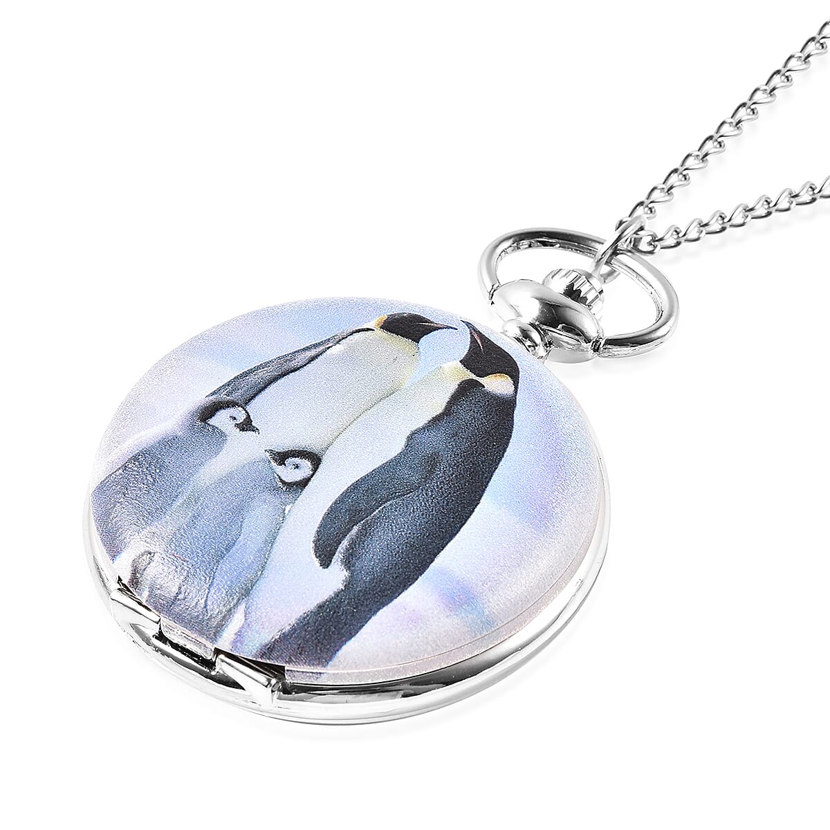 Strada Japanese Movement Penguin Pattern Pocket Watch with Chain (31.5 In) in Silvertone image number 2