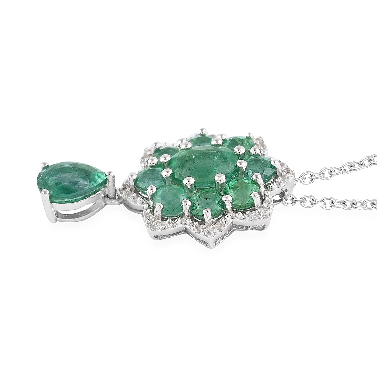 AAA Kagem Emerald and White Zircon Floral Pendant Necklace 18 Inches in Rhodium Over Sterling Silver 3.10 ctw image number 2