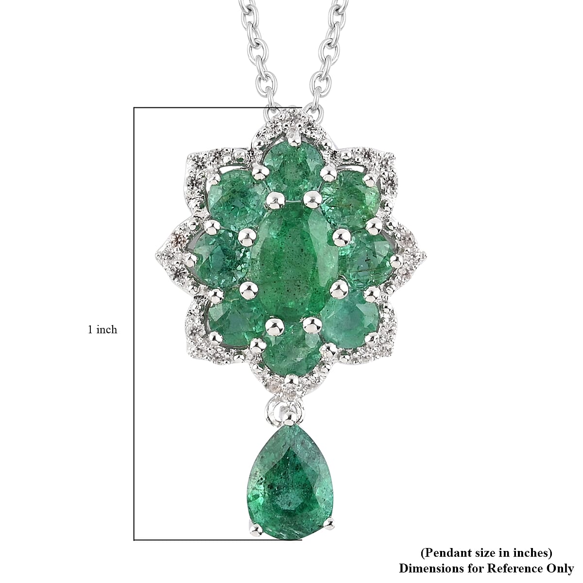 AAA Kagem Emerald and White Zircon Floral Pendant Necklace 18 Inches in Rhodium Over Sterling Silver 3.10 ctw image number 4