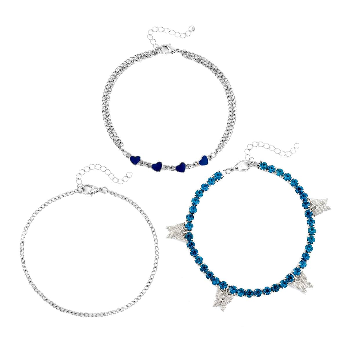 Blue Austrian Crystal, Enameled Set of 3 Charms Anklet 10-12 Inches in Silvertone image number 0