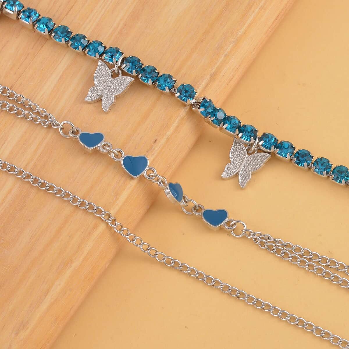 Blue Austrian Crystal, Enameled Set of 3 Charms Anklet 10-12 Inches in Silvertone image number 1