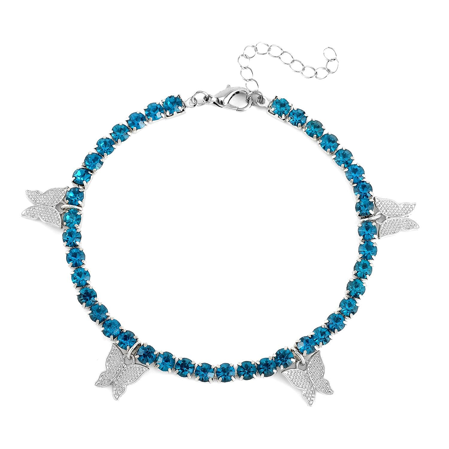 Blue Austrian Crystal, Enameled Set of 3 Charms Anklet in Silvertone 10-12 Inches