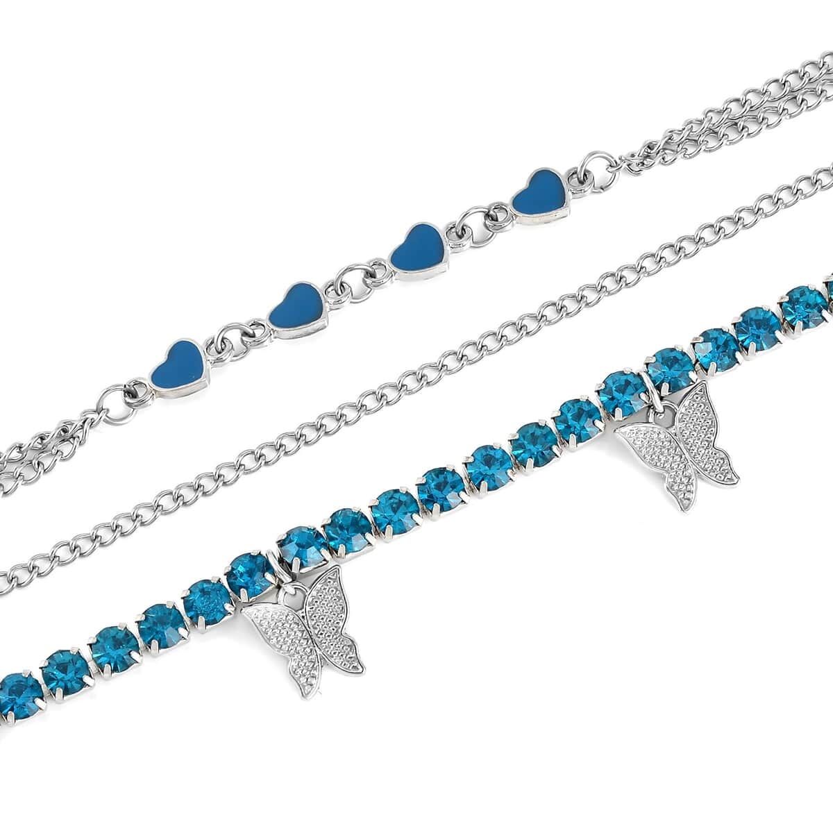 Blue Austrian Crystal, Enameled Set of 3 Charms Anklet in Silvertone 10-12 Inches image number 5