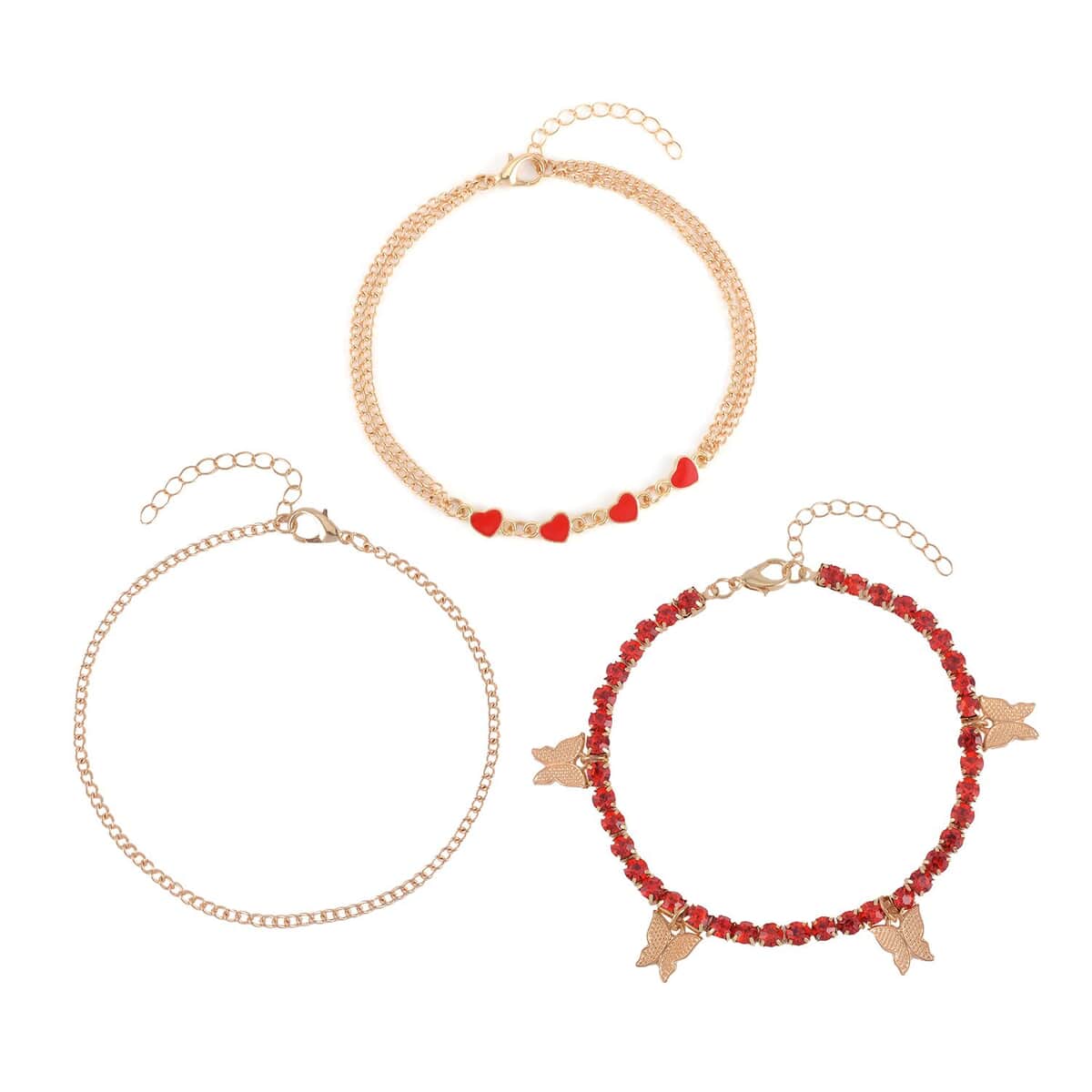 Red Austrian Crystal, Enameled Set of 3 Charms Anklet in Goldtone 10-12 Inches image number 0