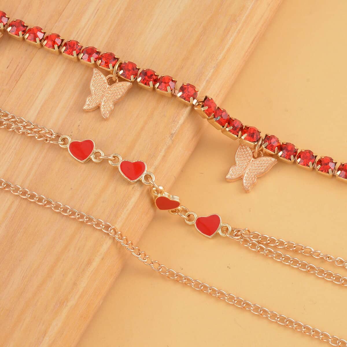 Red Austrian Crystal, Enameled Set of 3 Charms Anklet in Goldtone 10-12 Inches image number 1