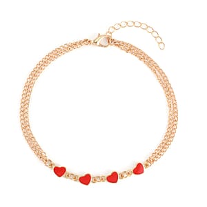 Red Austrian Crystal, Enameled Set of 3 Charms Anklet in Goldtone 10-12 Inches