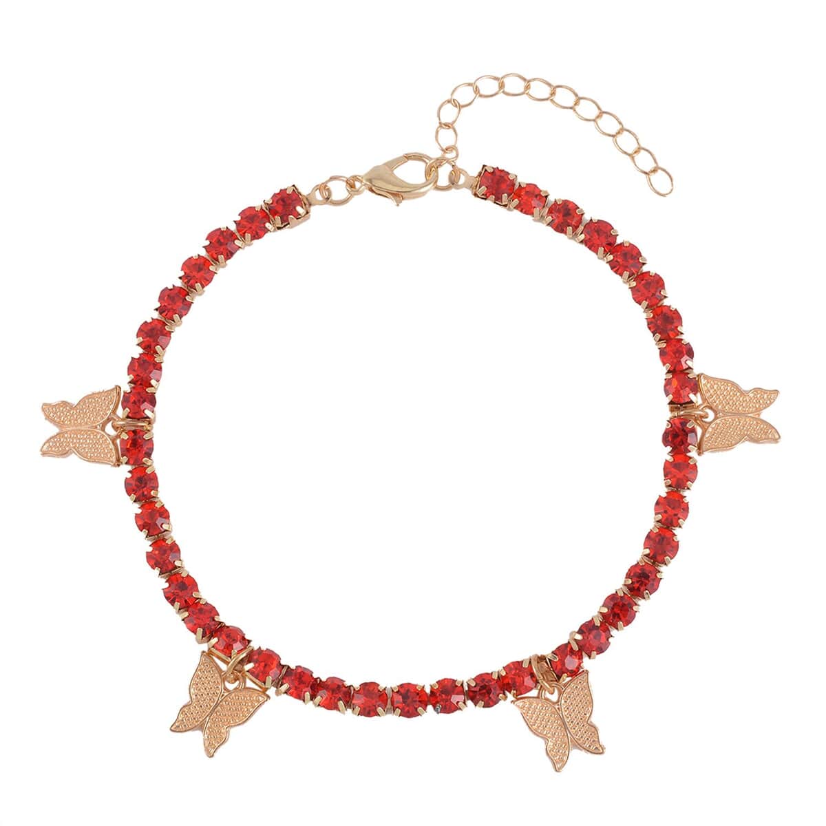 Red Austrian Crystal, Enameled Set of 3 Charms Anklet in Goldtone 10-12 Inches image number 4