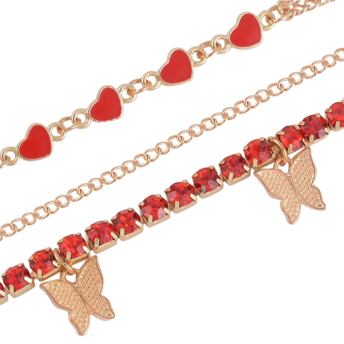 Red Austrian Crystal, Enameled Set of 3 Charms Anklet in Goldtone 10-12 Inches image number 5