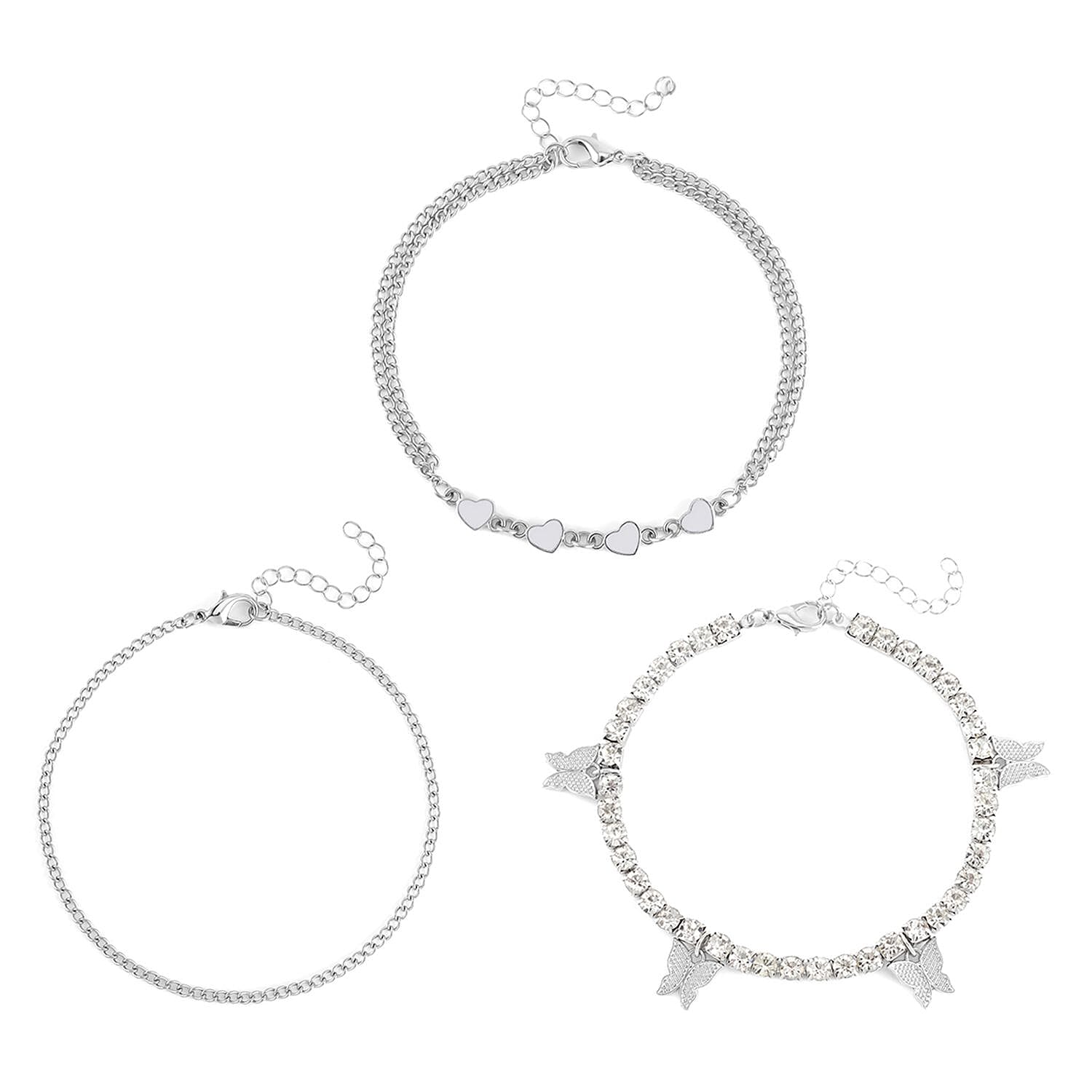 Austrian Crystal and Enameled Set of 3 Charms Anklet in Silvertone 10-12 Inches