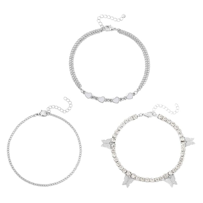 Austrian Crystal and Enameled Set of 3 Charms Anklet in Silvertone 10-12 Inches