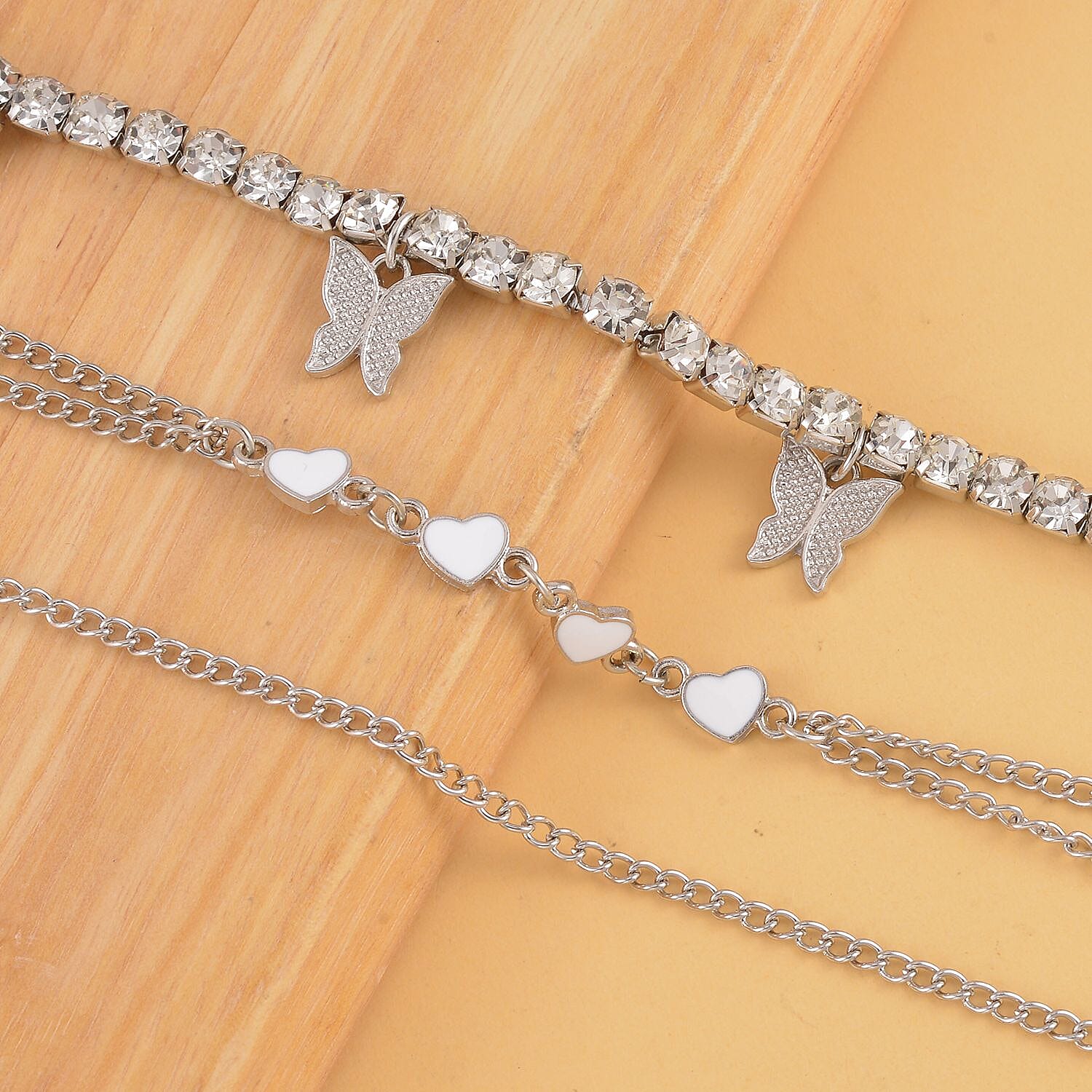 Austrian Crystal and Enameled Set of 3 Charms Anklet in Silvertone 10-12 Inches