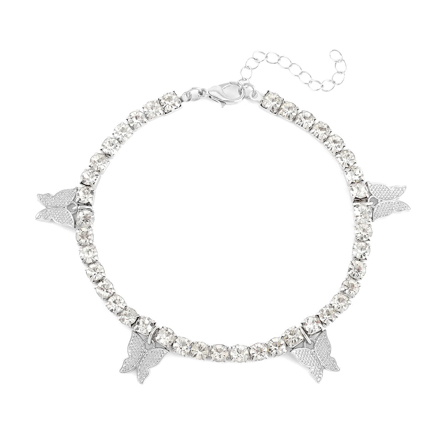 Austrian Crystal and Enameled Set of 3 Charms Anklet in Silvertone 10-12 Inches