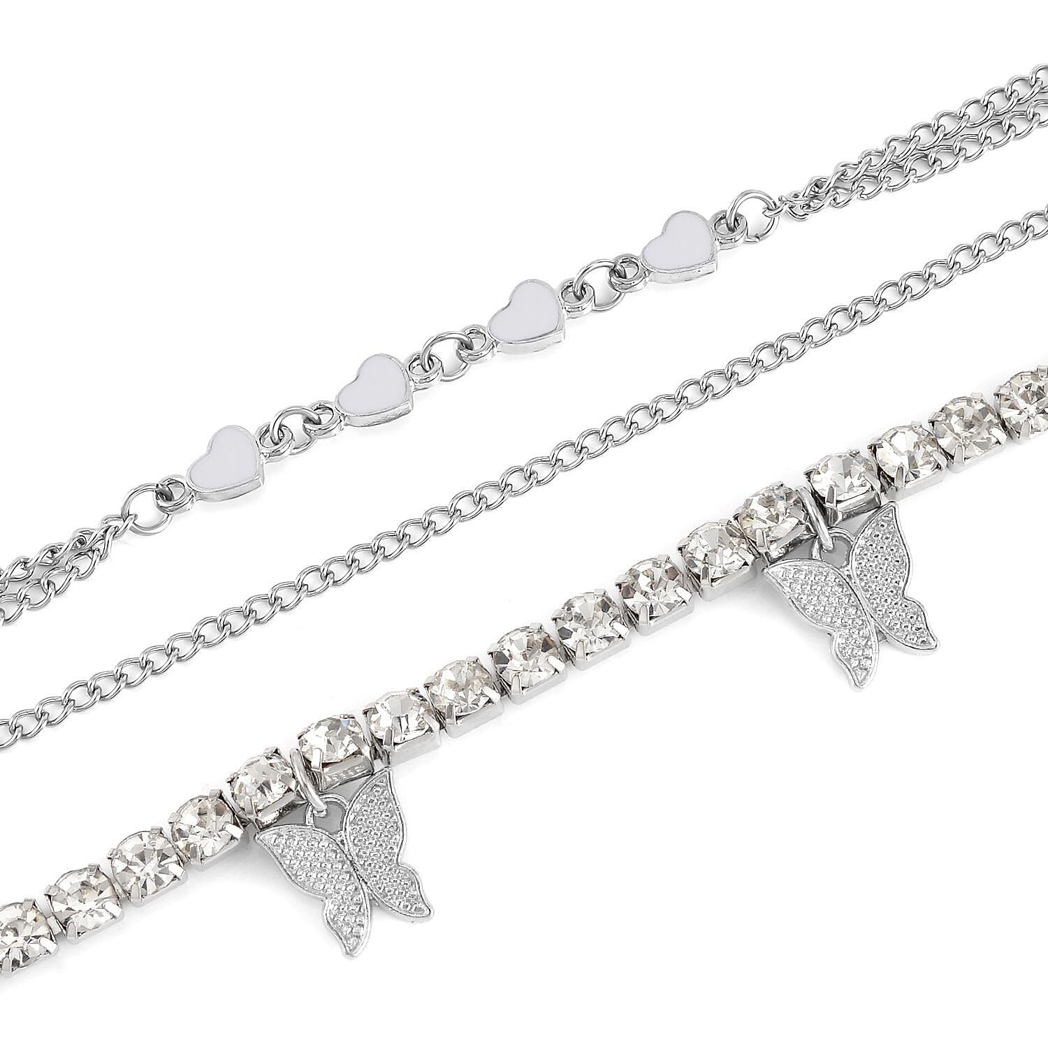 Austrian Crystal and Enameled Set of 3 Charms Anklet in Silvertone 10-12 Inches
