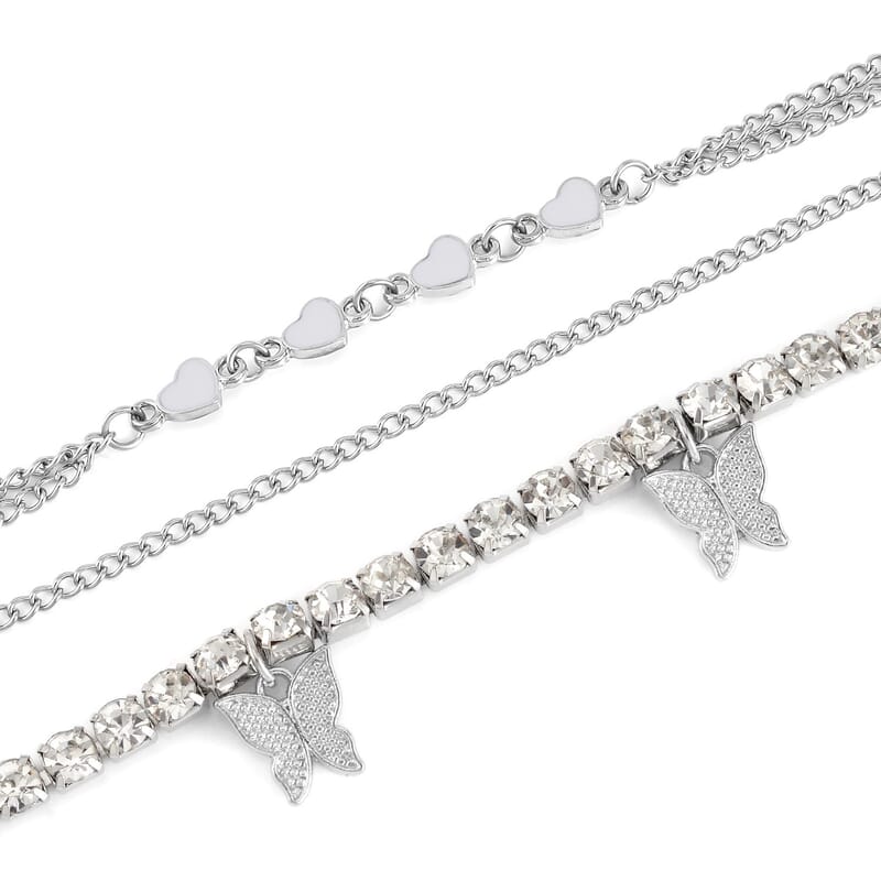 Austrian Crystal and Enameled Set of 3 Charms Anklet in Silvertone 10-12 Inches