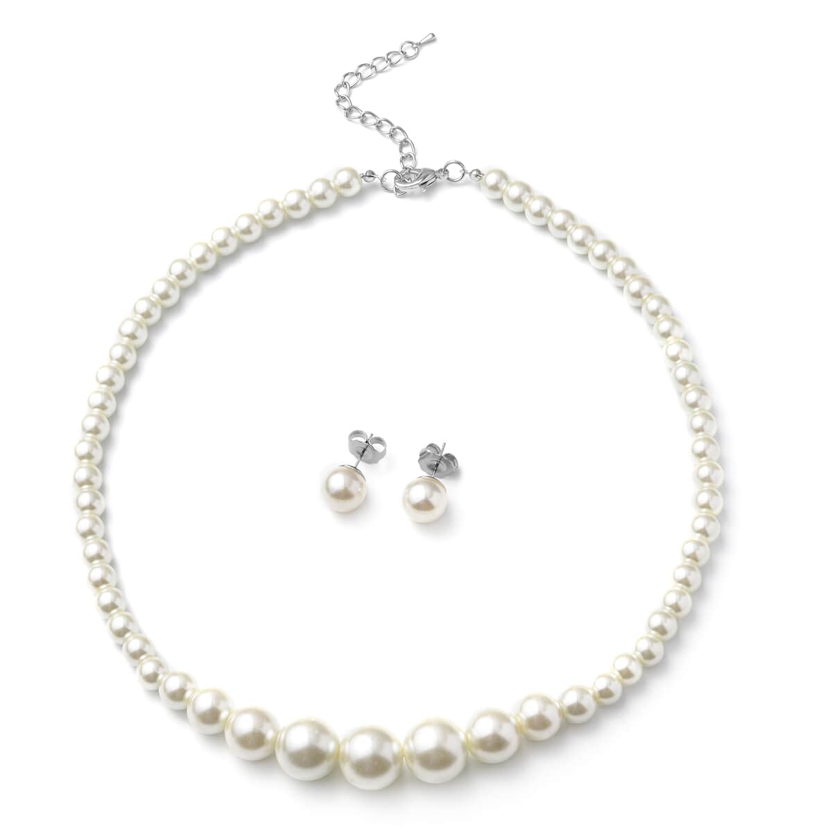 Set of 2 Simulated White Pearl Necklace 20-22 Inches and Earrings in Silvertone and Stainless Steel image number 0