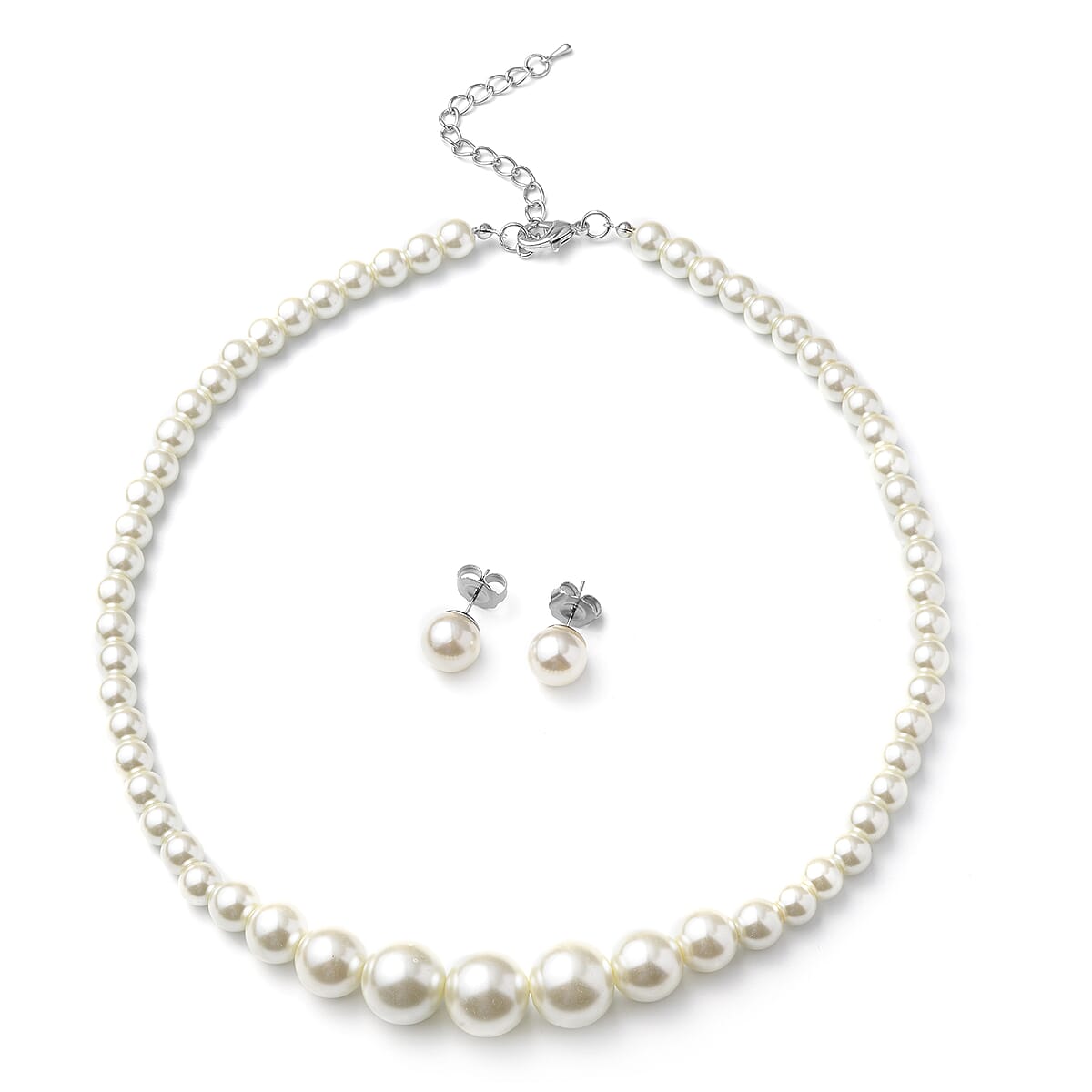 Set of 2 Simulated White Pearl Necklace 20-22 Inches and Earrings in Silvertone and Stainless Steel image number 0